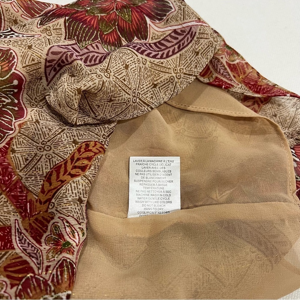 Joie Floral metallic Cap Ruffle Sleeve Size Medium Lined Brown Red Blouse Top - Picture 9 of 11